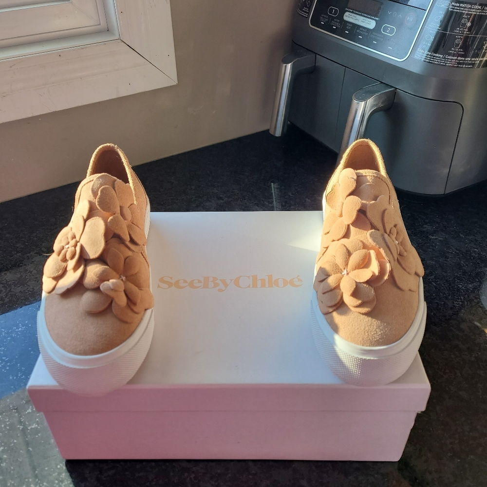 See By Chloe Tan and White Sneakers with Floral Design